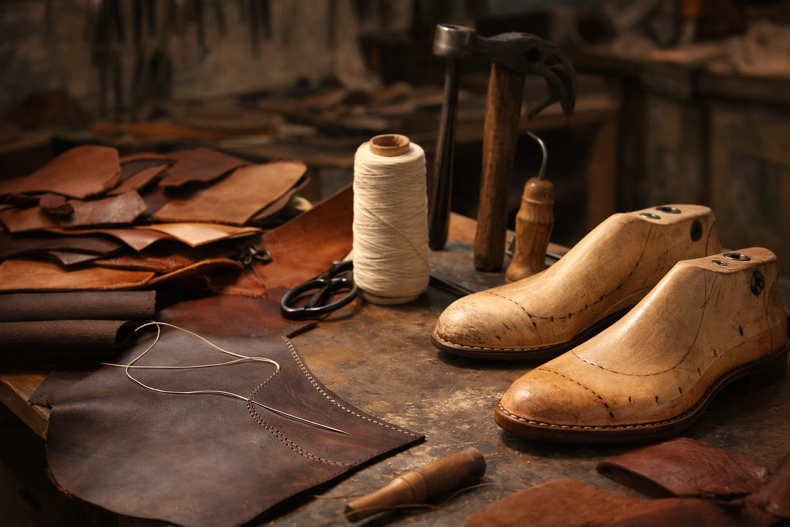 Werkstattdetail eines Schuhmachers mit Leder, Leisten und handwerklicher Nahtarbeit